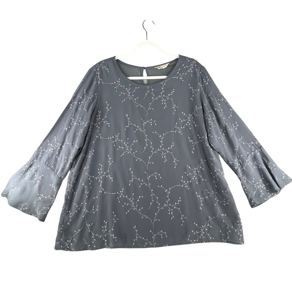 Krazy Kat Grayish Blue‎ Embroidered Bell Sleeve Tunic Top Womens Size XL XXL